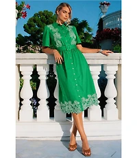 Current Air Embroidered Cotton Poplin Point Collar Short Sleeve Belted Scalloped Hem Midi Shirt Dress