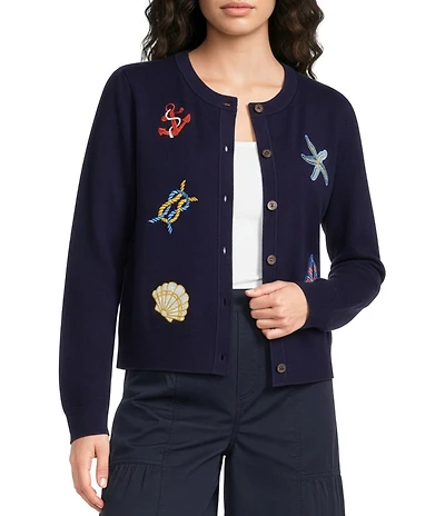 Current Air Embroidered Nautical Icons Round Neck Long Sleeve Button Front Cardigan