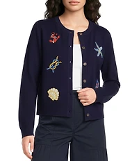 Current Air Embroidered Nautical Icons Round Neck Long Sleeve Button Front Cardigan