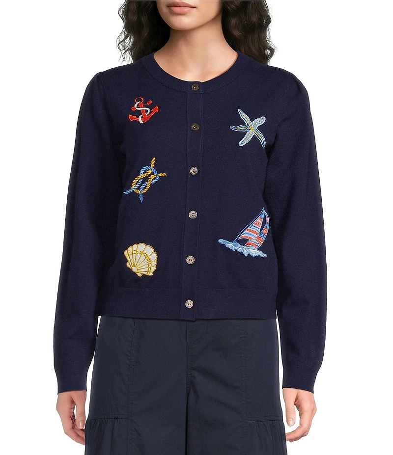Current Air Embroidered Nautical Icons Round Neck Long Sleeve Button Front Cardigan