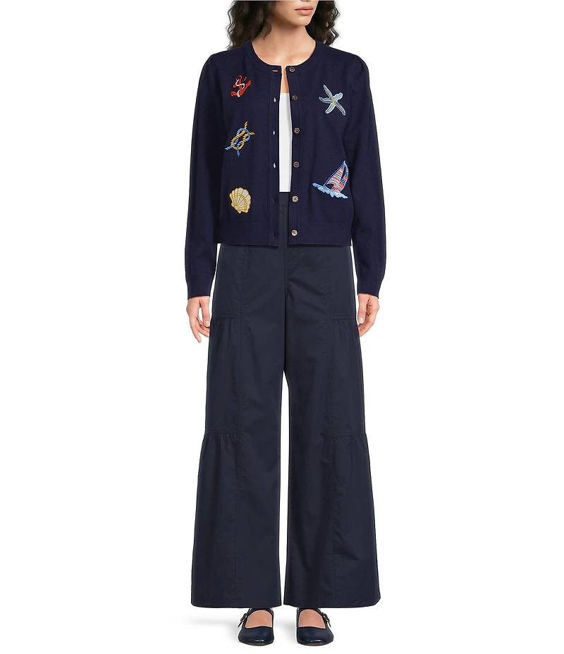 Current Air Embroidered Nautical Icons Round Neck Long Sleeve Button Front Cardigan