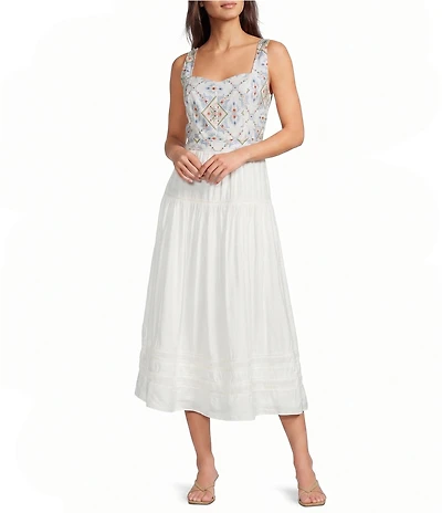 Current Air Embroidered Square Neck Sleeveless A-Line Midi Dress