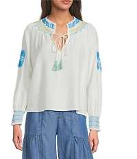 Current Air Embroidered Tassel Tie Split Neck Long Sleeve Top