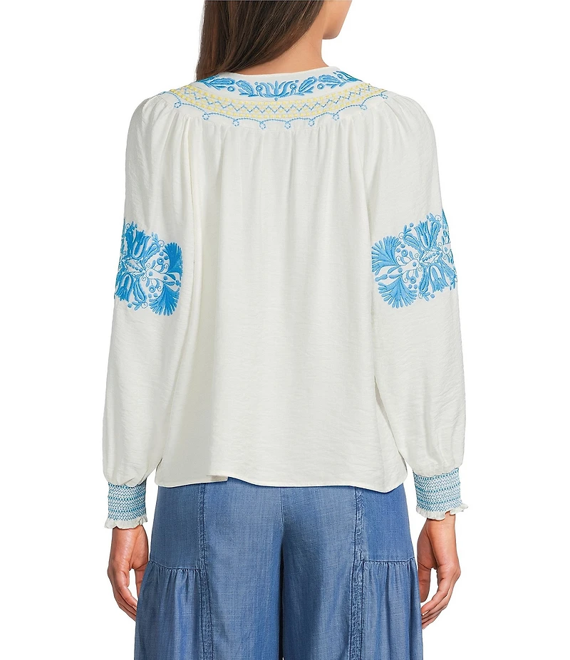 Current Air Embroidered Tassel Tie Split Neck Long Sleeve Top