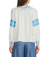 Current Air Embroidered Tassel Tie Split Neck Long Sleeve Top