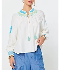Current Air Embroidered Tassel Tie Split Neck Long Sleeve Top