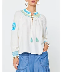 Current Air Embroidered Tassel Tie Split Neck Long Sleeve Top