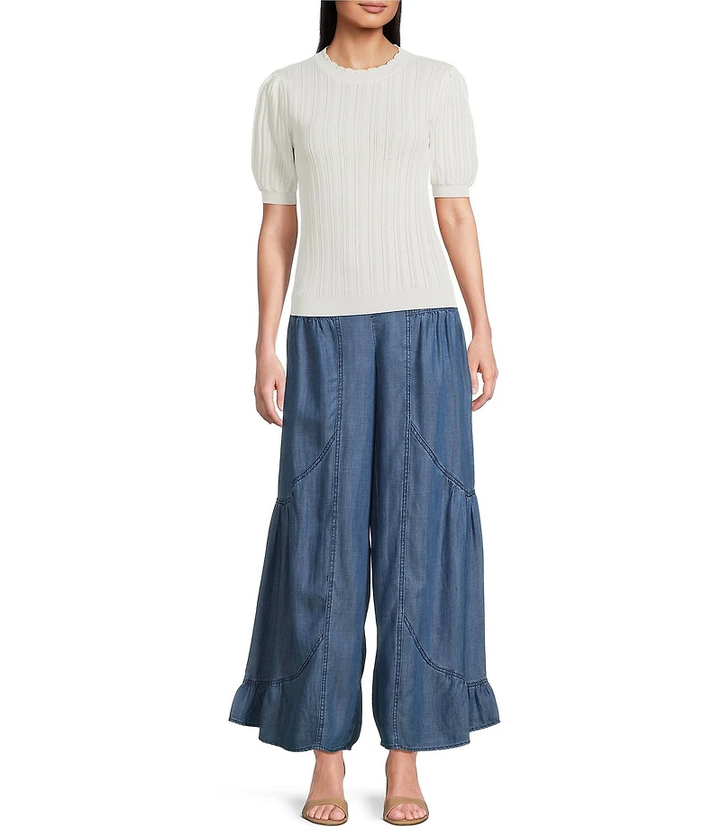 Current Air Eyelet Crochet Round Neck Elbow Length Sleeve Knit Sweater