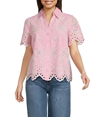 Current Air Eyelet Scallop Hem Point Collar Short Sleeve Button Front Shirt