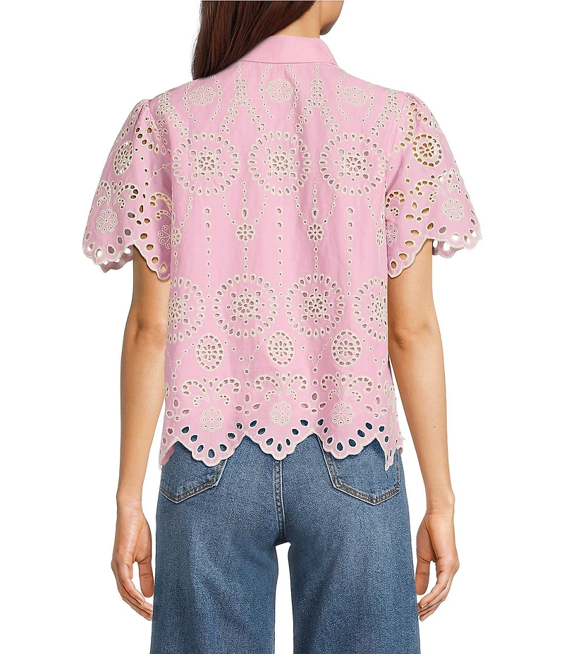 Current Air Eyelet Scallop Hem Point Collar Short Sleeve Button Front Shirt