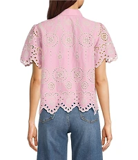 Current Air Eyelet Scallop Hem Point Collar Short Sleeve Button Front Shirt