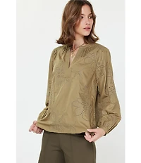 Current Air Eyelet Split Neck Long Sleeve Blouse