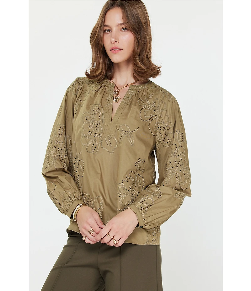 Current Air Eyelet Split Neck Long Sleeve Blouse