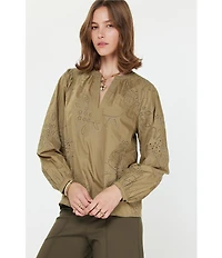 Current Air Eyelet Split Neck Long Sleeve Blouse