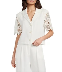 Current Air Eyelet Twill Notch Collar Short Sleeve Button Front Top