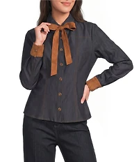 Current Air Faux Denim Contrast Tie Neck Long Sleeve Button Front Shirt