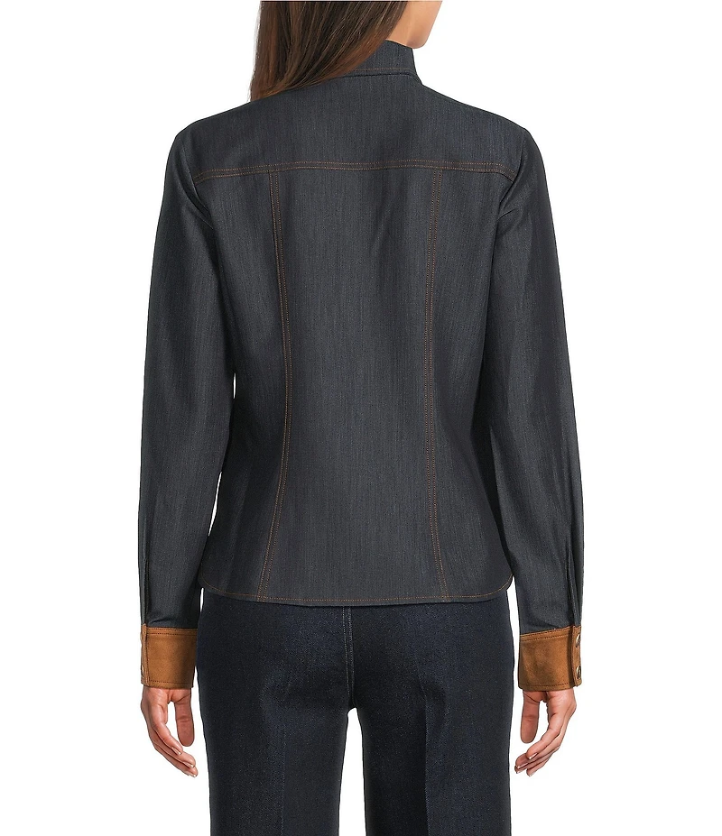 Current Air Faux Denim Contrast Tie Neck Long Sleeve Button Front Shirt