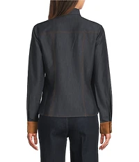 Current Air Faux Denim Contrast Tie Neck Long Sleeve Button Front Shirt