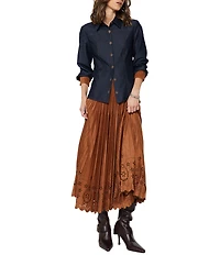 Current Air Faux Denim Contrast Tie Neck Long Sleeve Button Front Shirt
