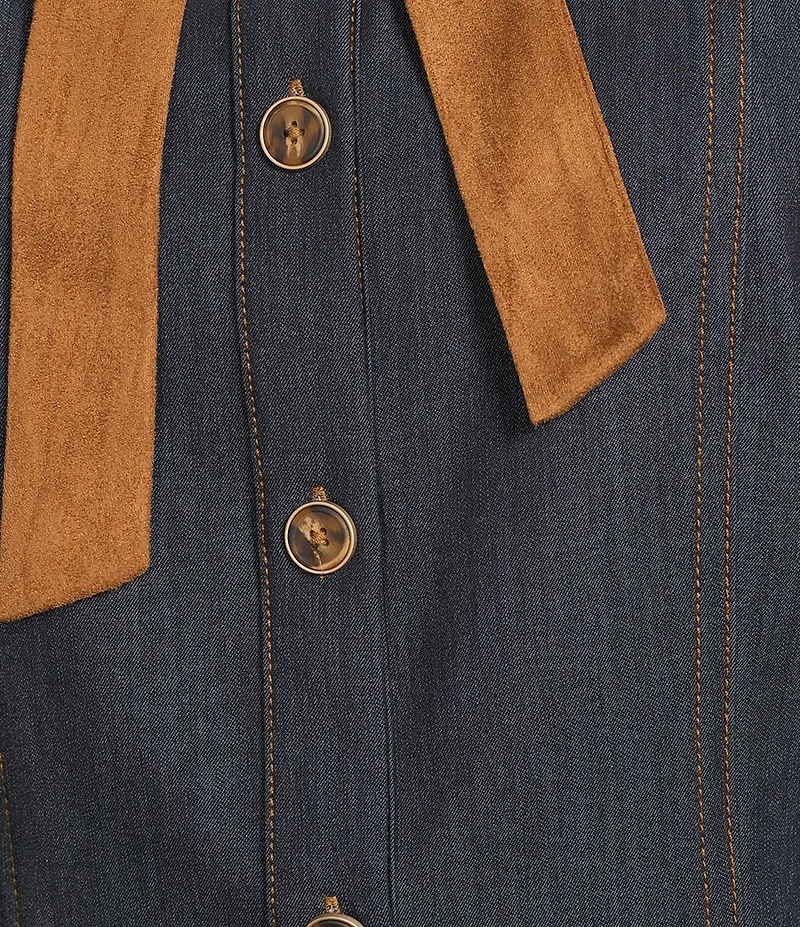 Current Air Faux Denim Contrast Tie Neck Long Sleeve Button Front Shirt