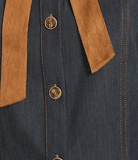 Current Air Faux Denim Contrast Tie Neck Long Sleeve Button Front Shirt