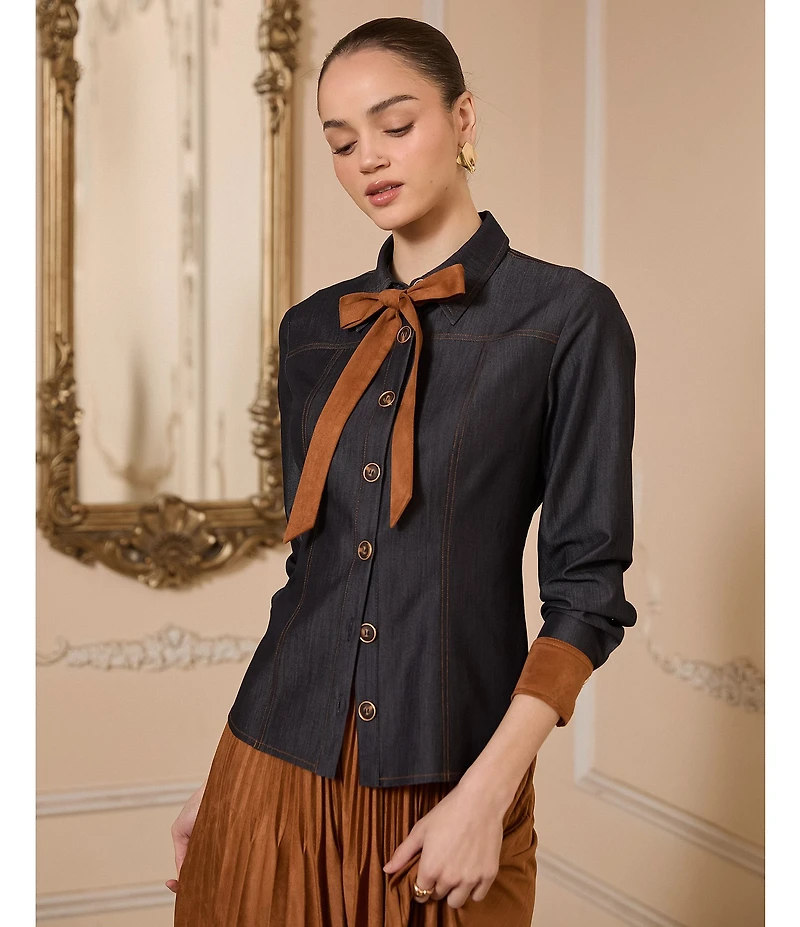 Current Air Faux Denim Contrast Tie Neck Long Sleeve Button Front Shirt