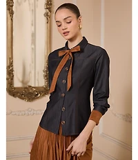 Current Air Faux Denim Contrast Tie Neck Long Sleeve Button Front Shirt