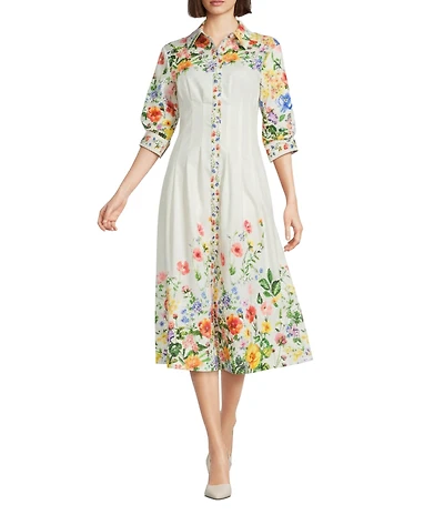 Current Air Floral Cotton Satin Point Collar 3/4 Sleeve Button Front A-Line Midi Dress