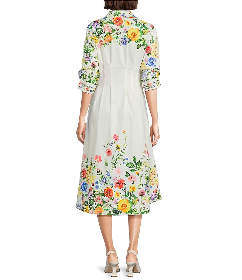 Current Air Floral Cotton Satin Point Collar 3/4 Sleeve Button Front A-Line Midi Dress