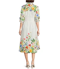 Current Air Floral Cotton Satin Point Collar 3/4 Sleeve Button Front A-Line Midi Dress