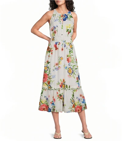Current Air Floral Crew Neck Sleeveless A-Line Midi Dress