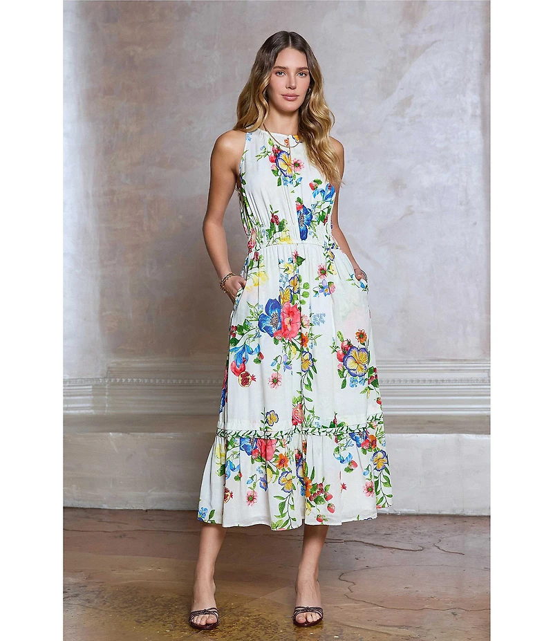 Current Air Floral Crew Neck Sleeveless A-Line Midi Dress