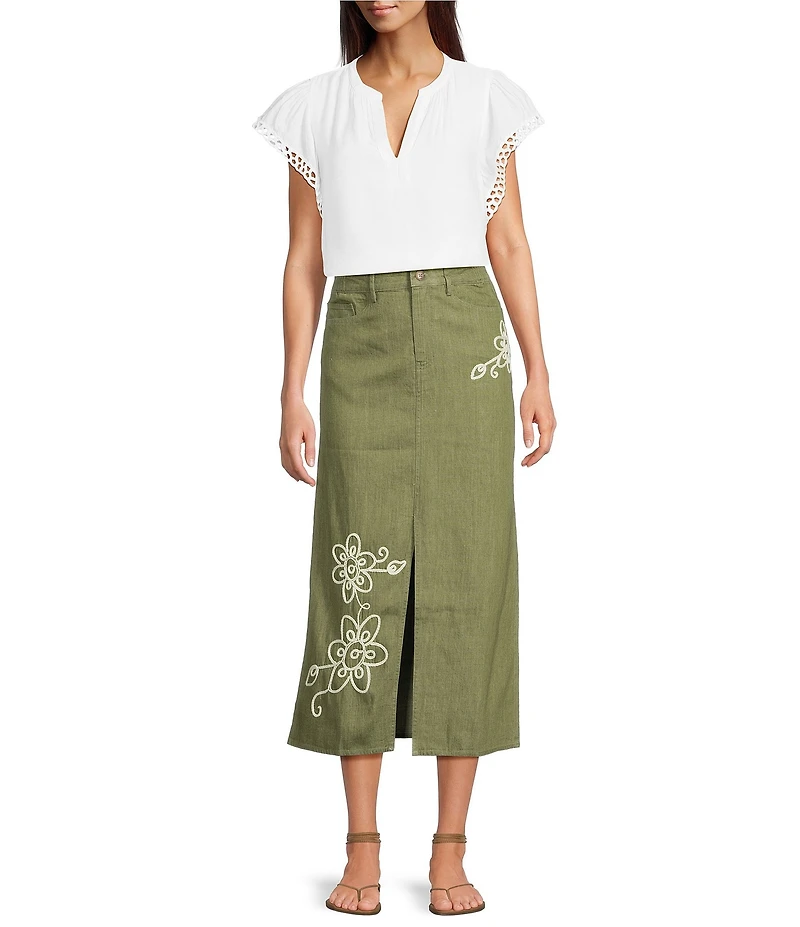 Current Air Floral Embroidered Column Midi Skirt