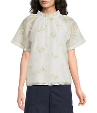 Current Air Floral Embroidered Ruffle Split Neck Short Sleeve Blouse