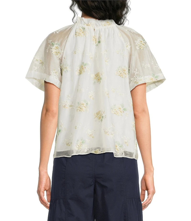 Current Air Floral Embroidered Ruffle Split Neck Short Sleeve Blouse