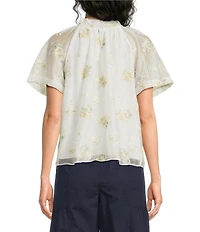 Current Air Floral Embroidered Ruffle Split Neck Short Sleeve Blouse