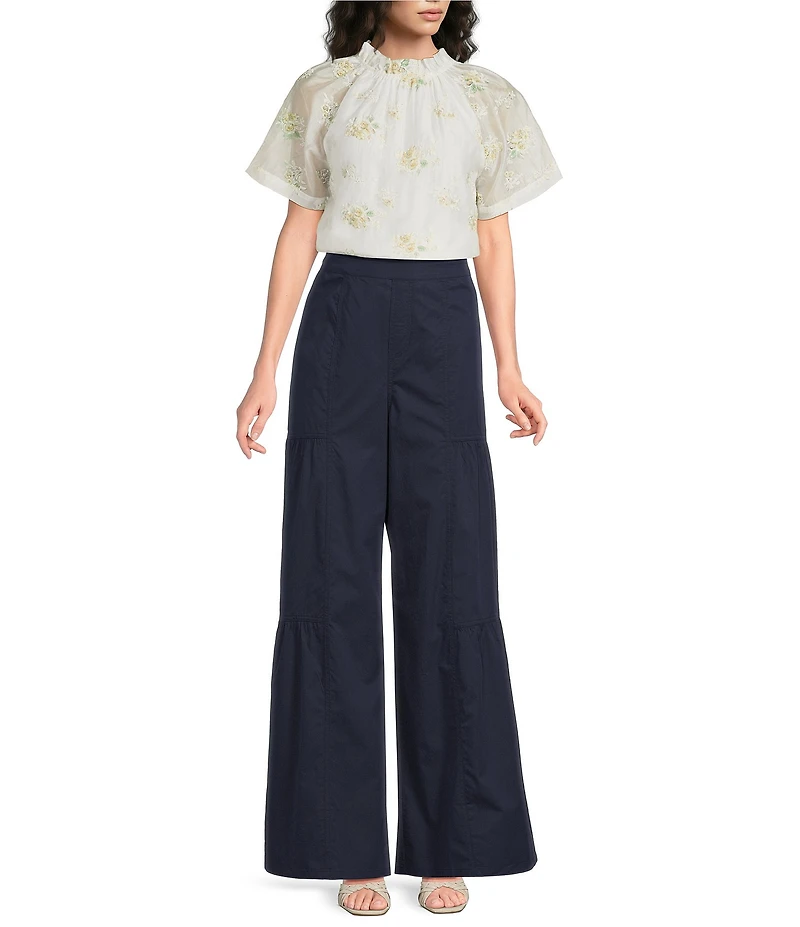 Current Air Floral Embroidered Ruffle Split Neck Short Sleeve Blouse