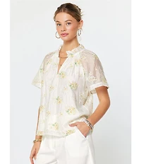 Current Air Floral Embroidered Ruffle Split Neck Short Sleeve Blouse