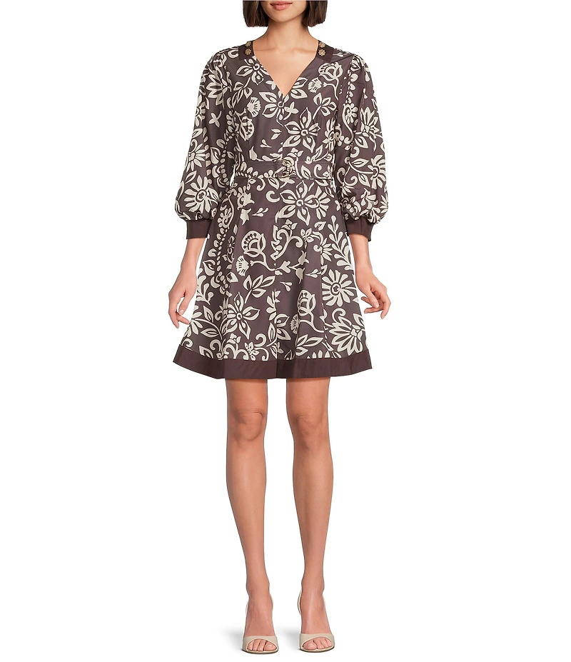 Current Air Floral Motif 3/4 Puff Sleeve A-Line Dress