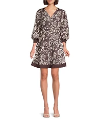 Current Air Floral Motif 3/4 Puff Sleeve A-Line Dress