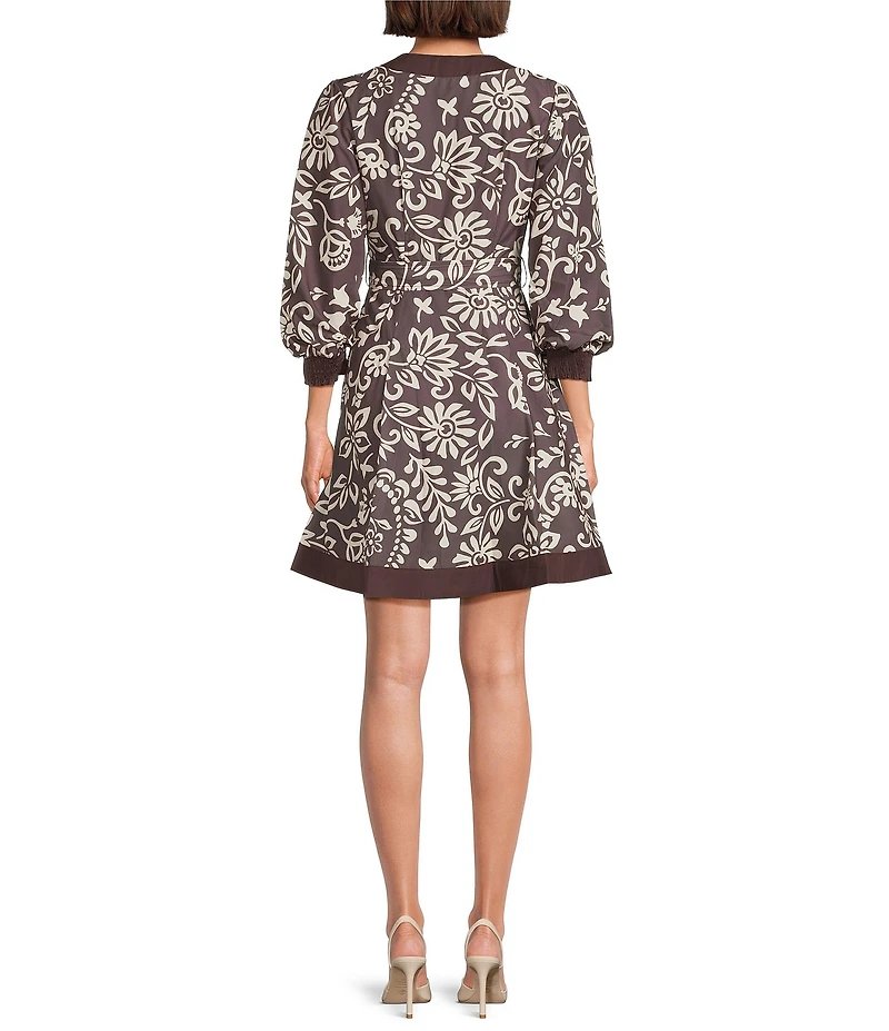 Current Air Floral Motif 3/4 Puff Sleeve A-Line Dress