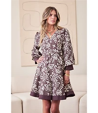 Current Air Floral Motif 3/4 Puff Sleeve A-Line Dress