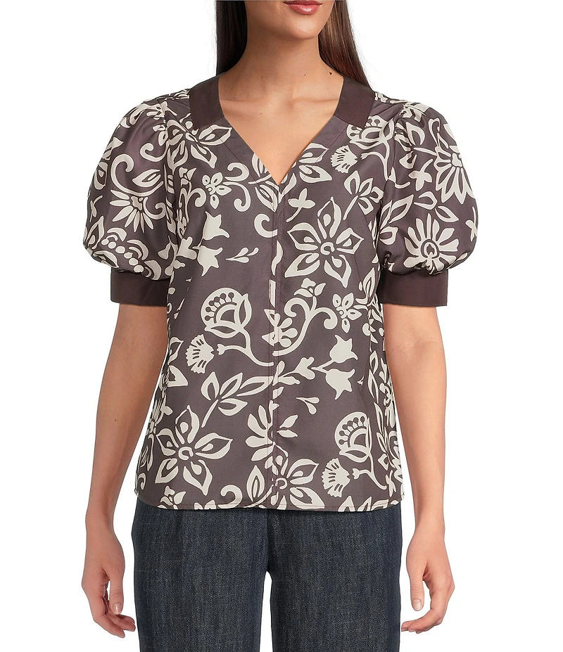 Current Air Floral Motif V-Neck Elbow Puff Sleeve Top