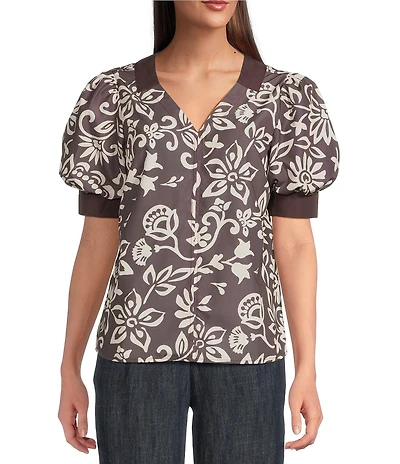 Current Air Floral Motif V-Neck Elbow Puff Sleeve Top