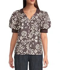 Current Air Floral Motif V-Neck Elbow Puff Sleeve Top