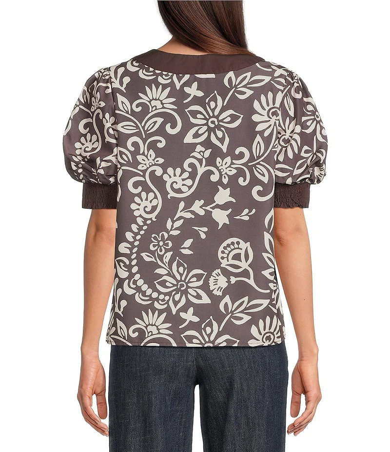 Current Air Floral Motif V-Neck Elbow Puff Sleeve Top
