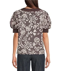 Current Air Floral Motif V-Neck Elbow Puff Sleeve Top