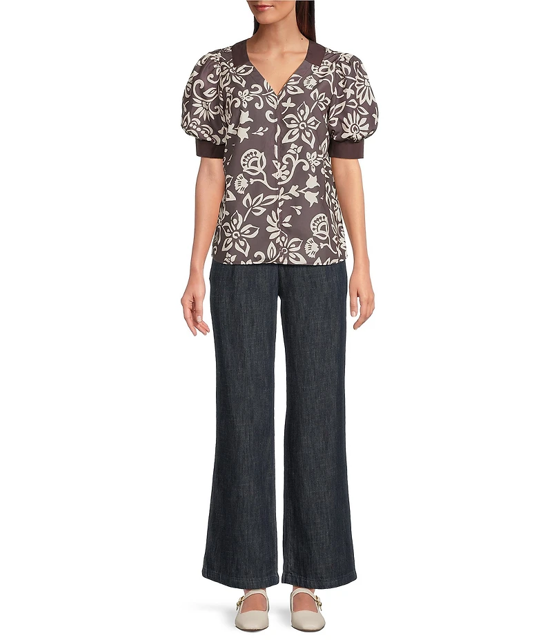 Current Air Floral Motif V-Neck Elbow Puff Sleeve Top