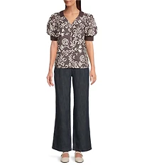 Current Air Floral Motif V-Neck Elbow Puff Sleeve Top