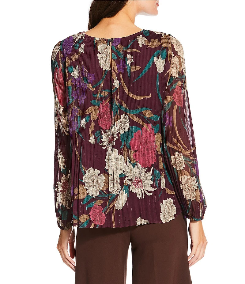 Current Air Floral Pleated Round Neck Long Sleeve Blouse